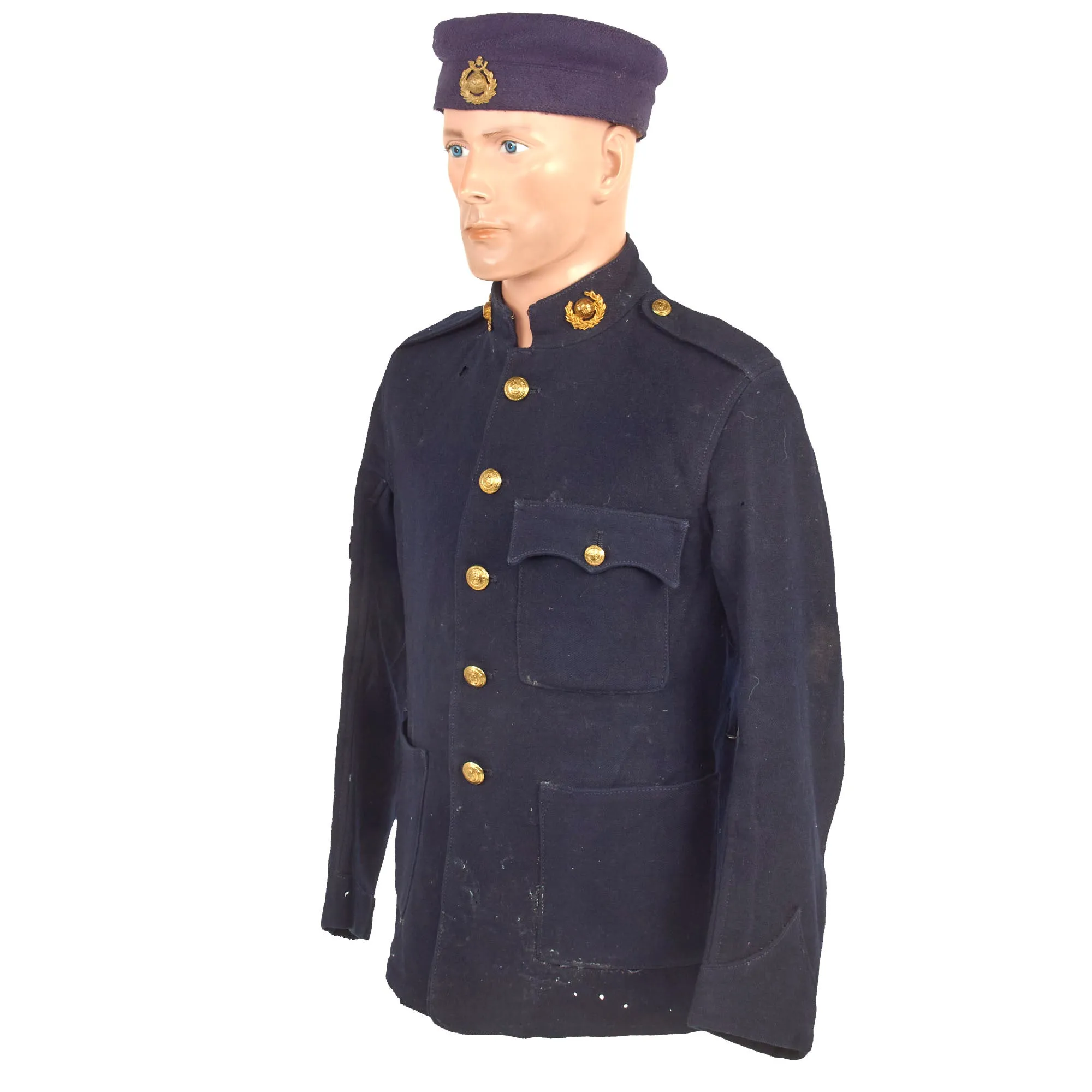 Original British Early 20th Century Named Royal Marines Light Infantry Plymouth Division Dress Blue Tunic With Cap and Service Information