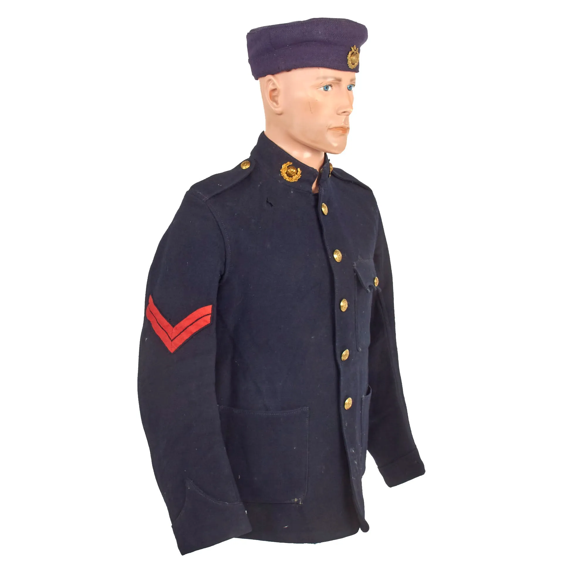 Original British Early 20th Century Named Royal Marines Light Infantry Plymouth Division Dress Blue Tunic With Cap and Service Information