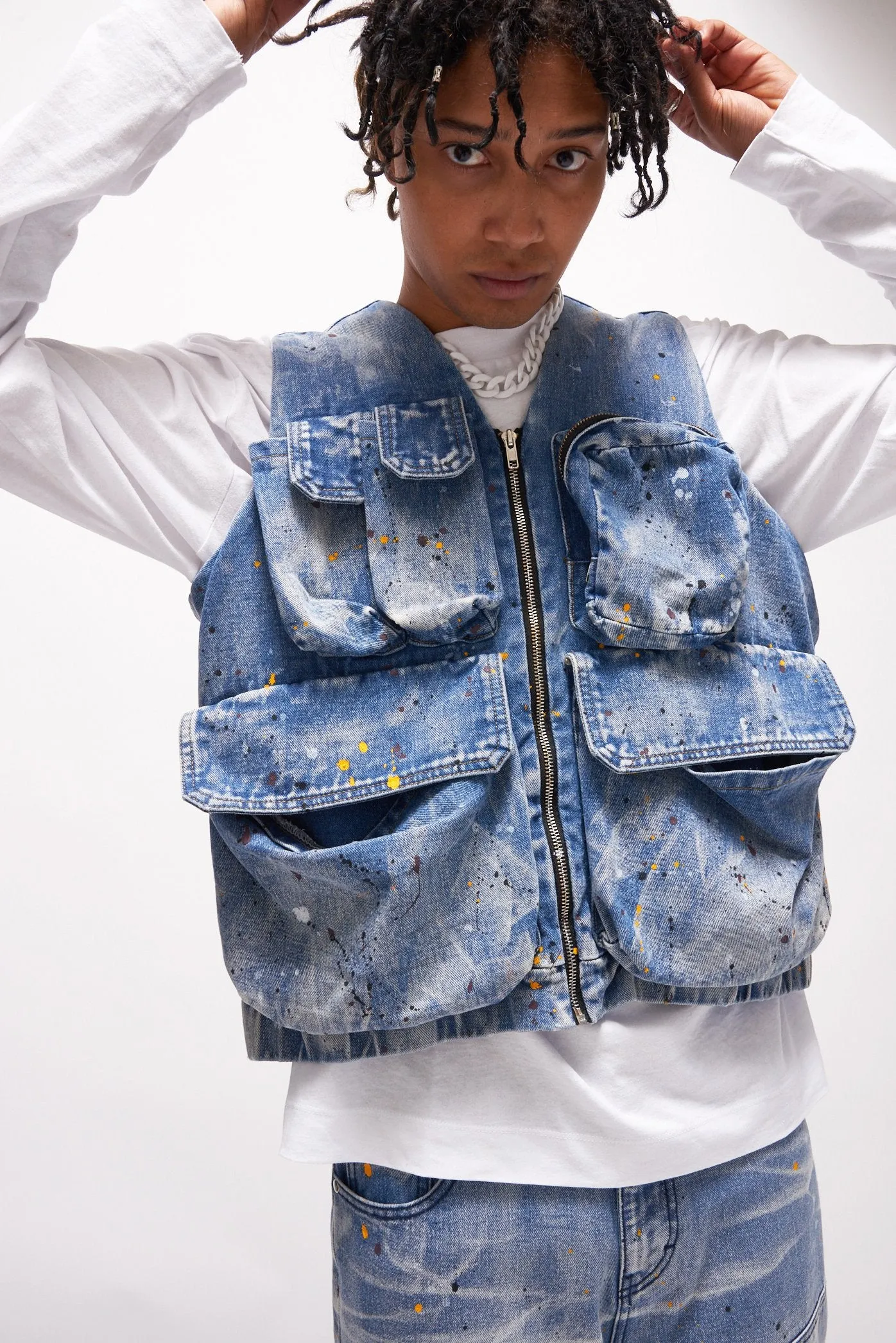 Paint Splatter Denim Utility Vest