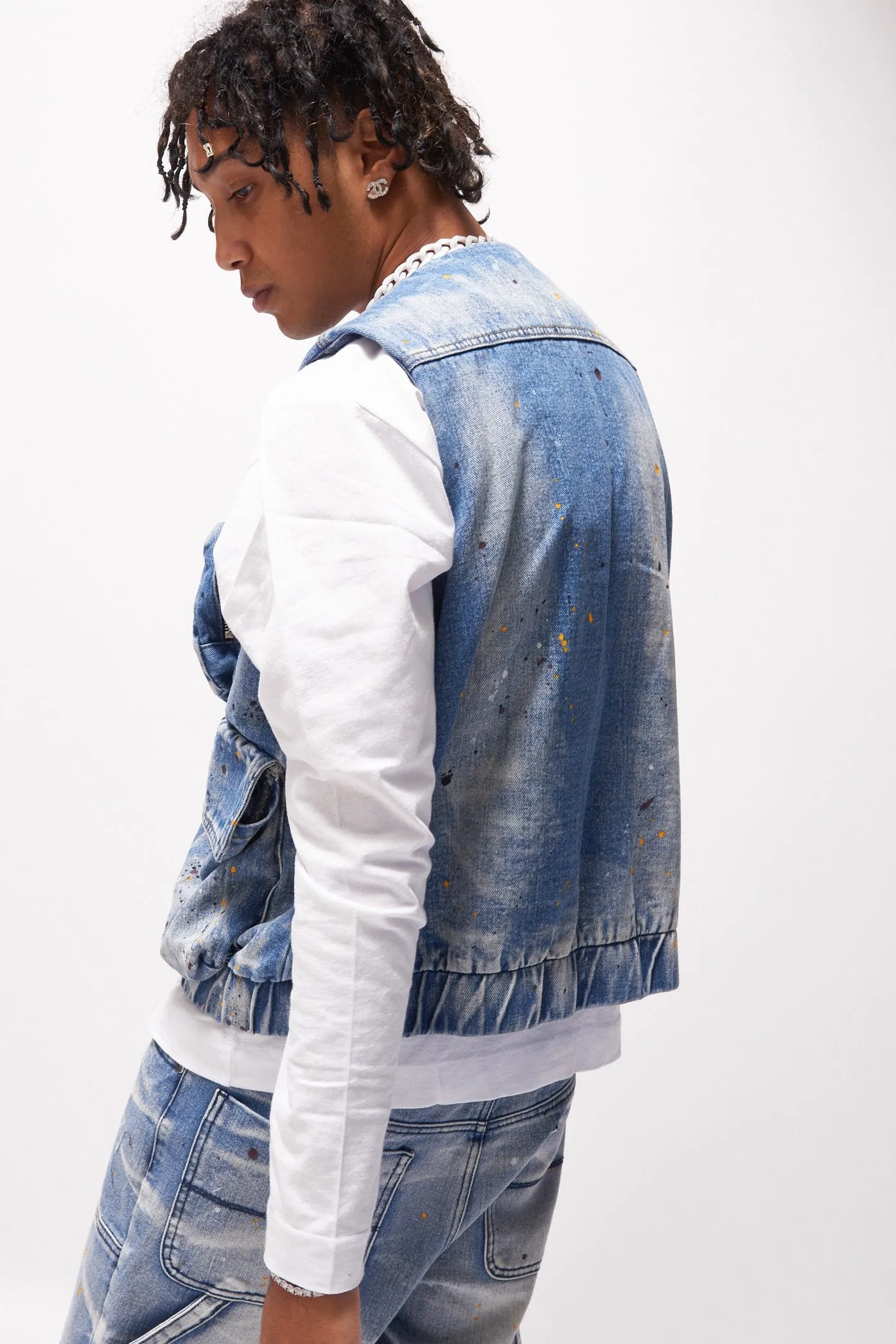 Paint Splatter Denim Utility Vest