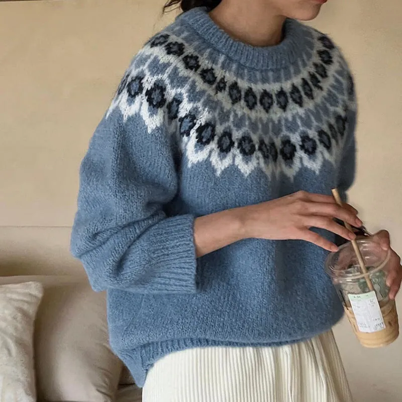 PEOPLETERRITORY autumn new women's ethnic style pullover sweater Korean ins style casual versatile knitted sweater