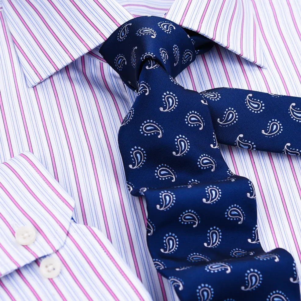 Pink Striped Blue Paisley Business Dress Shirt Floral Button Cuff Designer Style