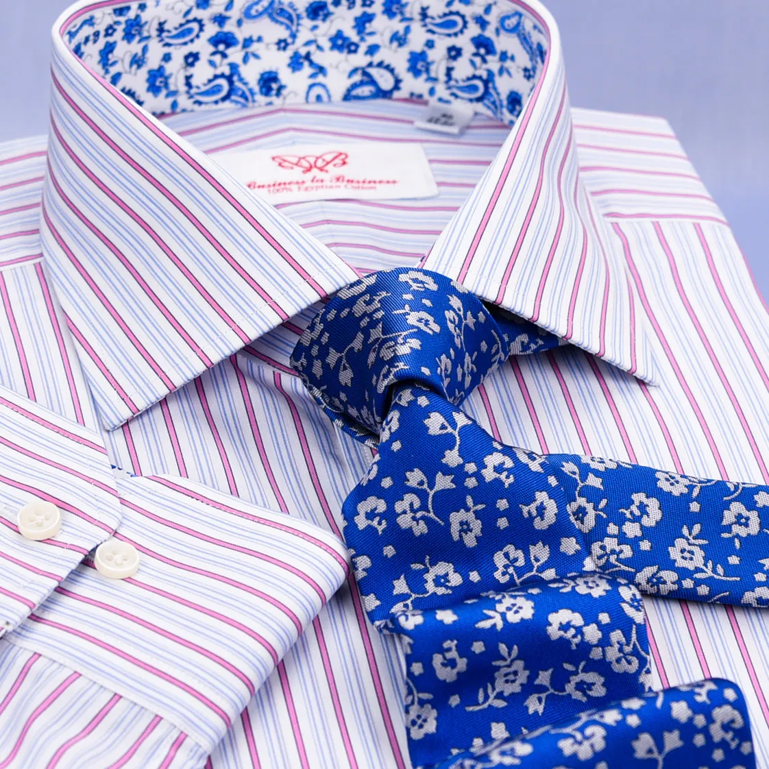 Pink Striped Blue Paisley Business Dress Shirt Floral Button Cuff Designer Style