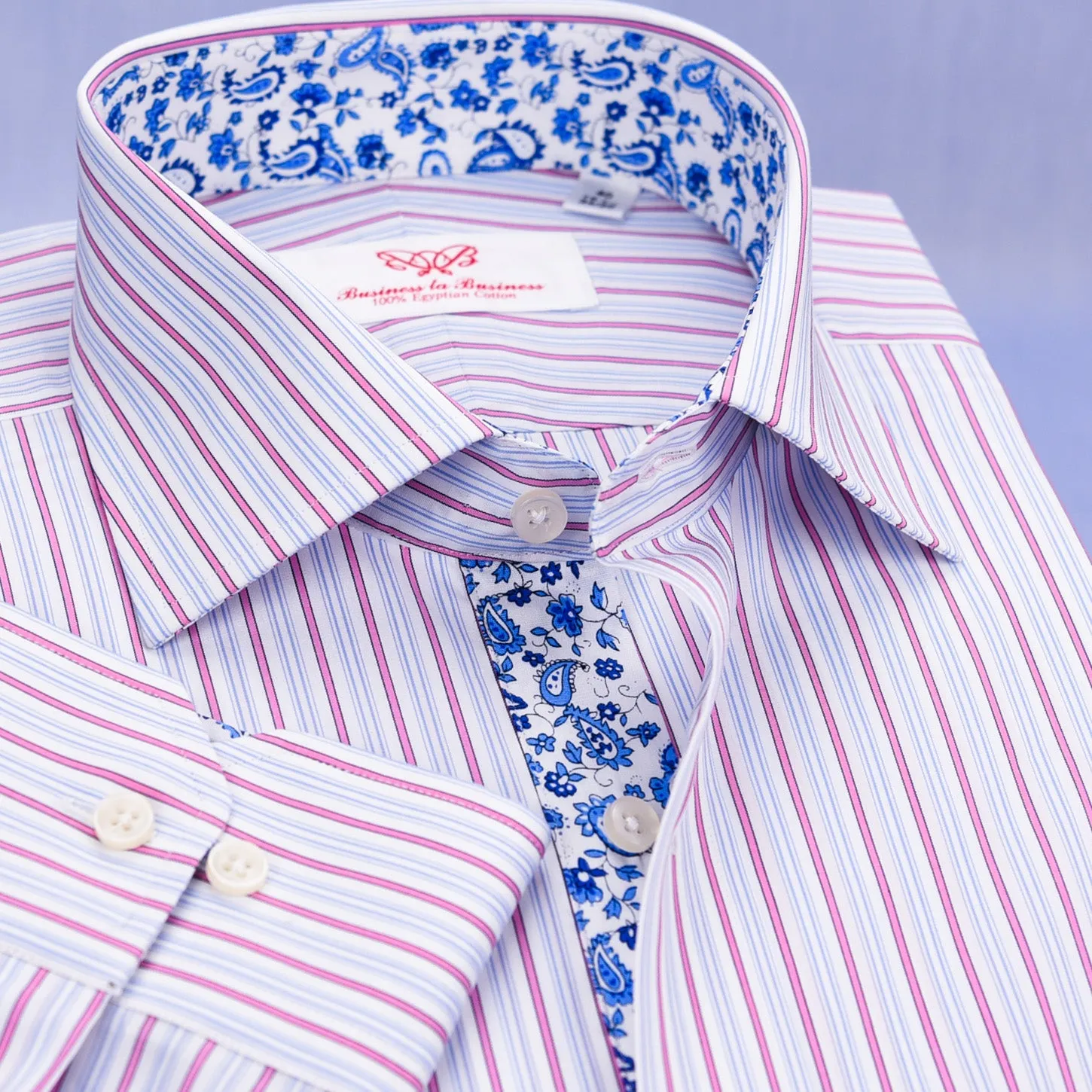 Pink Striped Blue Paisley Business Dress Shirt Floral Button Cuff Designer Style