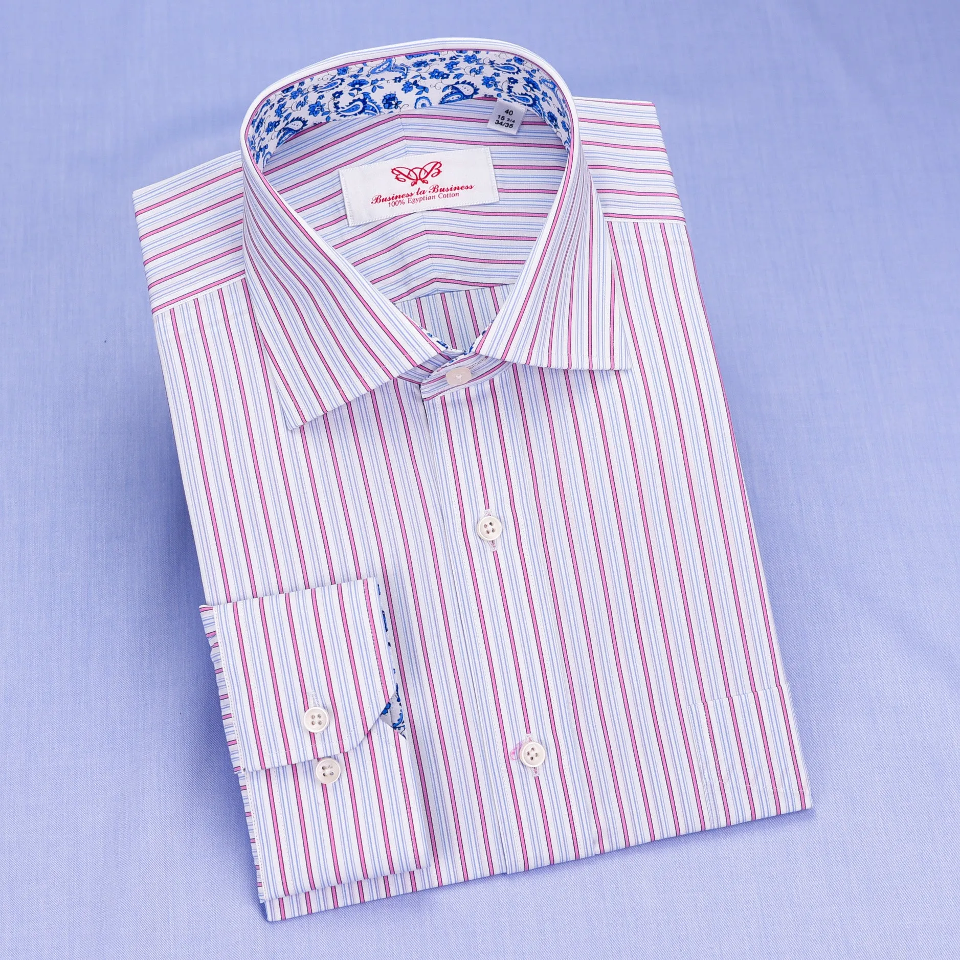 Pink Striped Blue Paisley Business Dress Shirt Floral Button Cuff Designer Style