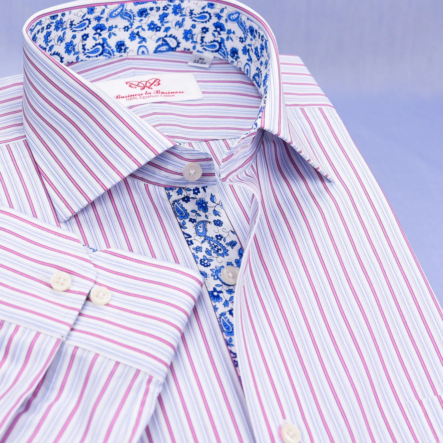 Pink Striped Blue Paisley Business Dress Shirt Floral Button Cuff Designer Style