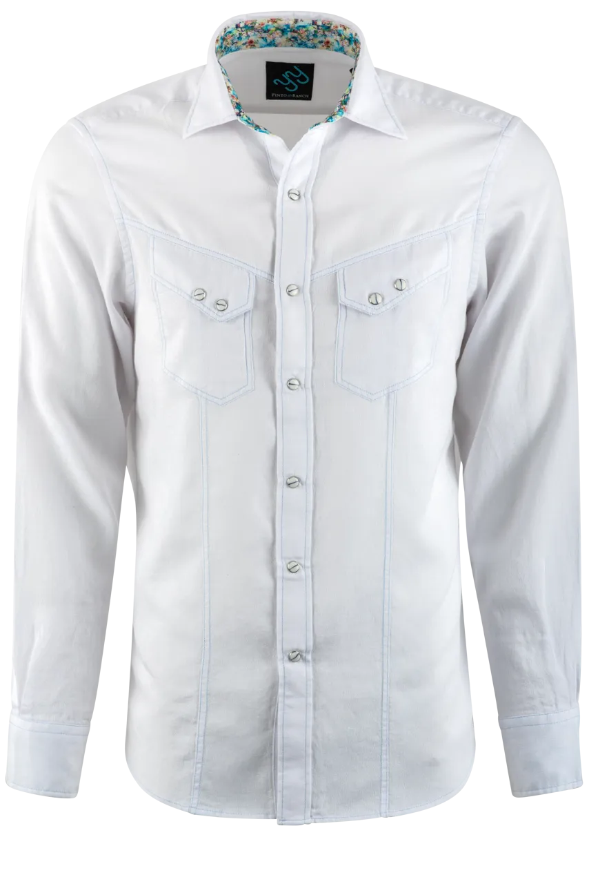 Pinto Ranch YY Collection Washed Long Sleeve Pearl Snap Shirt - White