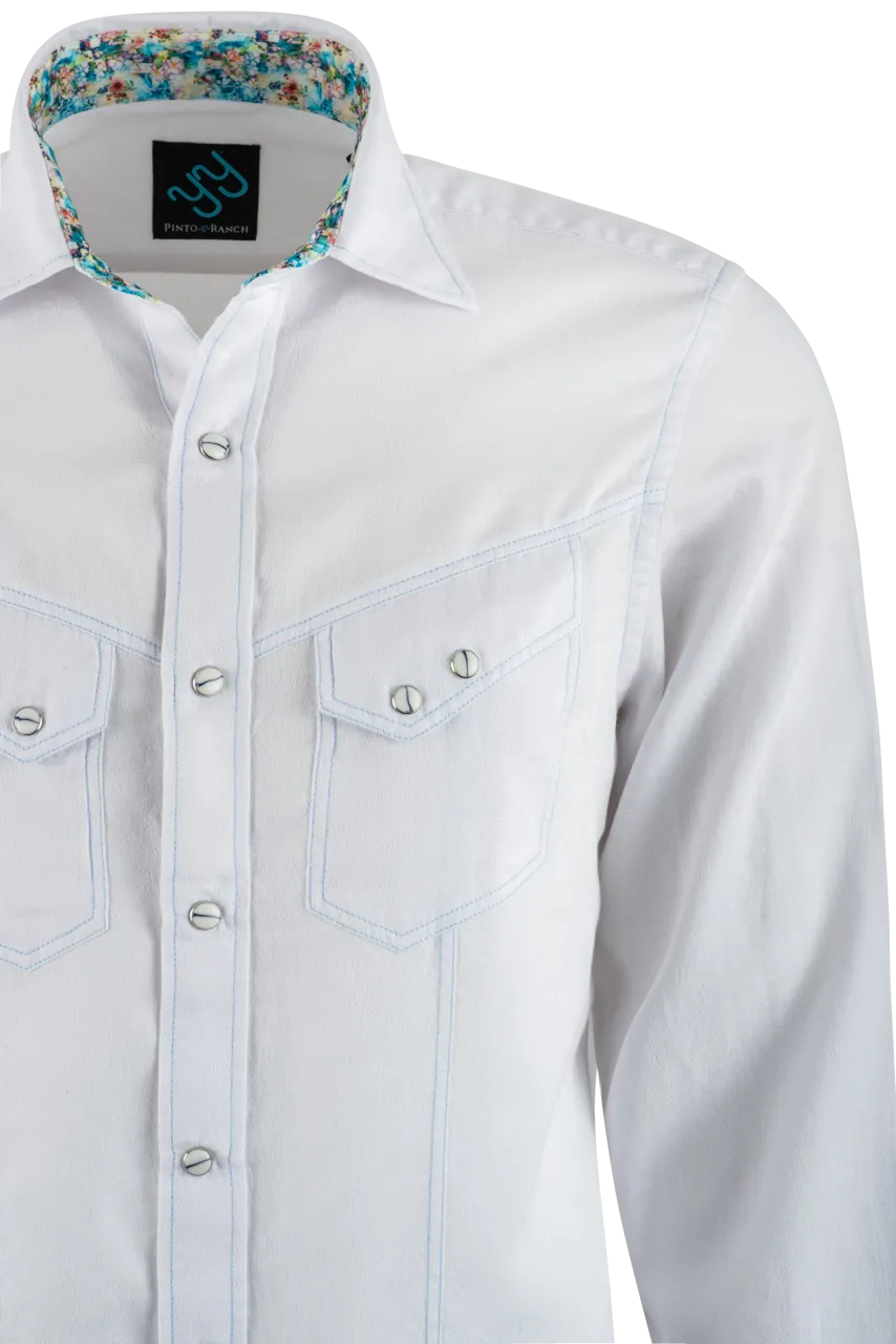 Pinto Ranch YY Collection Washed Long Sleeve Pearl Snap Shirt - White