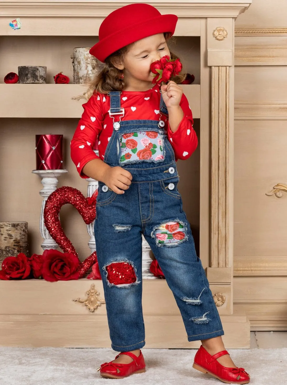 Raining Roses Patched Denim Overall Set