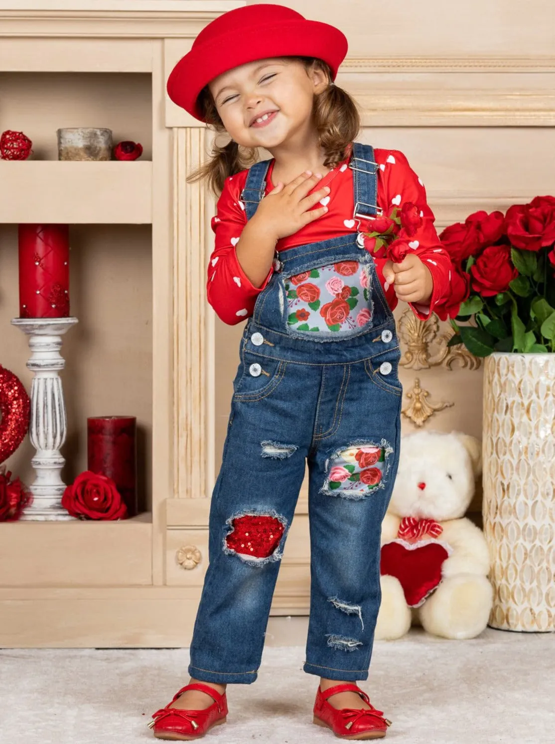 Raining Roses Patched Denim Overall Set