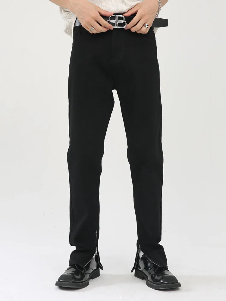 Street Fashion Trousers Stretch Dark Solid Colour Zip Slim Fit Jeans