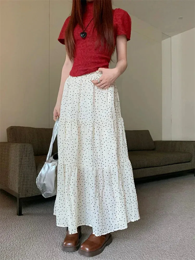 Vintage Polka Dot Ruffle Hem Long Skirt for Holidays