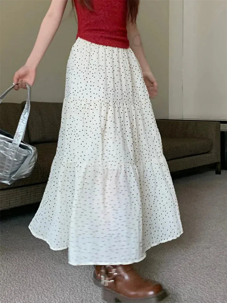 Vintage Polka Dot Ruffle Hem Long Skirt for Holidays