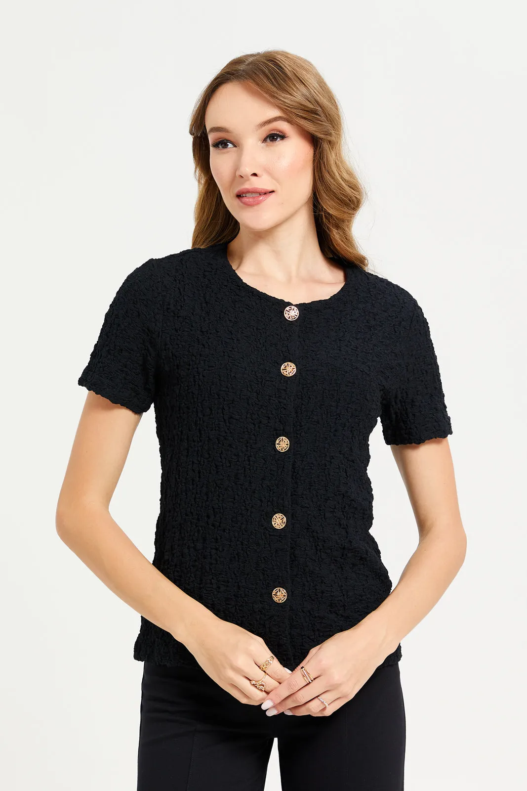 Women Black Button Down Top