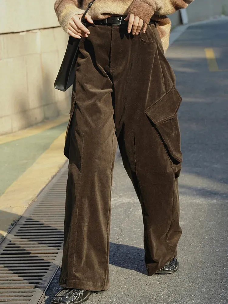 Women's High Rise Corduroy Cargo Wide-Leg Pants